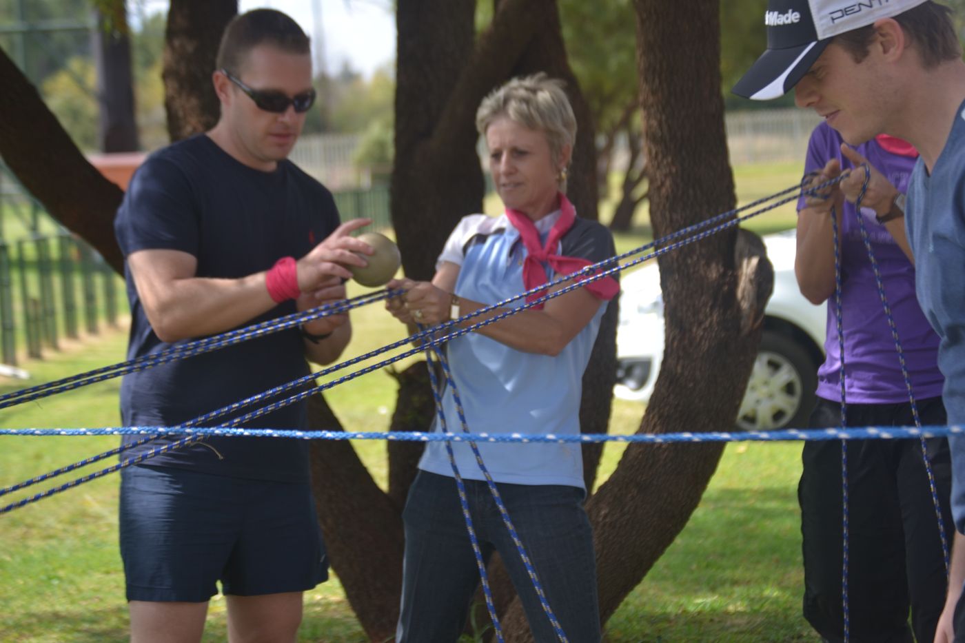 Colleagues working together on a quick team challenge